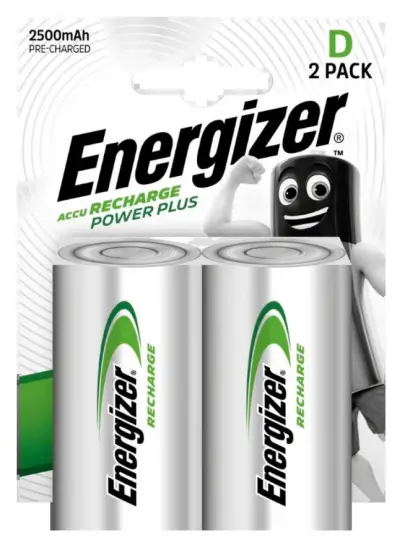 Rechargeable Battery Energizer ACCU Recharge Power Plus HR20 LR20 2500 mAh size D 1.2V Pcs 2