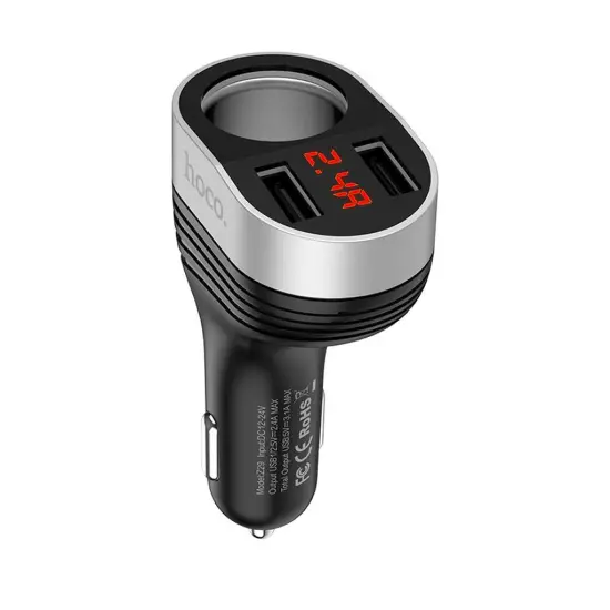 Car Charger Hoco Z29 Regal 96W Dual USB Fast Charge 5V/3.1A with Cigarette Lighter Port Black