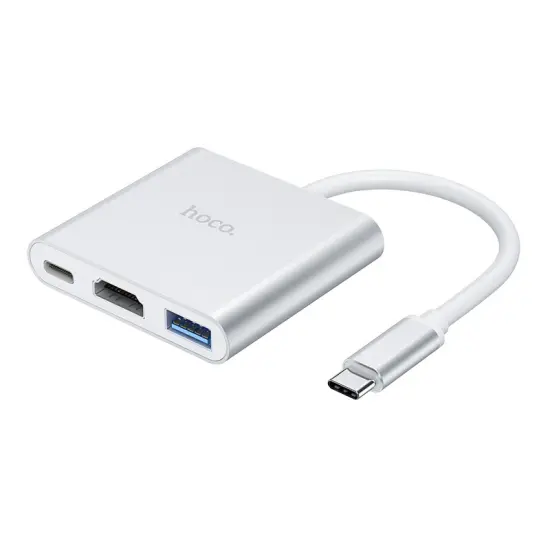 Hub Hoco HB14 Easy use with 3 Ports USB 3.0, USB-C PD, HDMI Silver 15cm