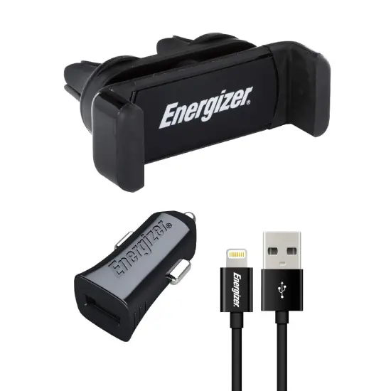 Car Holder and Car Charger Energizer 3.4A with Apple Certified MFi Lightning Cable Black 1m