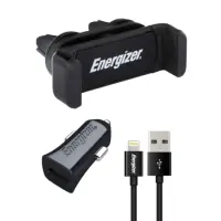 Car Holder and Car Charger Energizer 3.4A with Apple Certified MFi Lightning Cable Black 1m