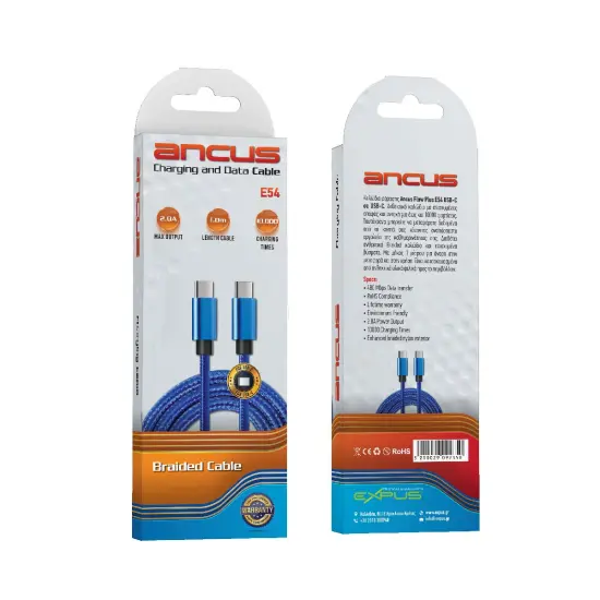 Data Cable Ancus Flow Plus E54 USB-C σε USB-C 2.0A Reinforced Plugs and Braided Cable Blue 1m