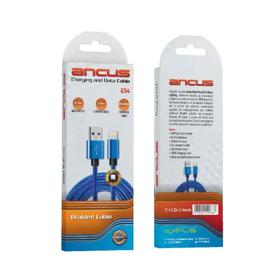 Data Cable Ancus Flow Plus E54 USB σε Lighting 2.0A  Reinforced Plugs and Braided Cable Blue 1m