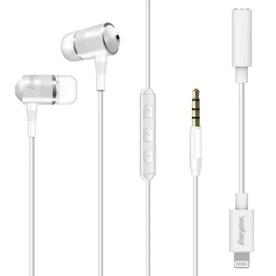Hands Free Energizer UIL35 Metal Stereo 3.5mm with Lightning Adapter Apple Certified MFi to 3.5mm and Power Buttons 1.2m White