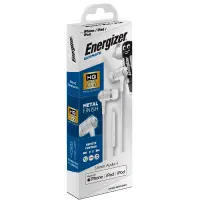 Hands Free Energizer UIL35WH2 Metal Stereo 3.5 mm with Lightning Adapter Apple Certified MFi to 3.5 mm and Power Buttons 1.2m White