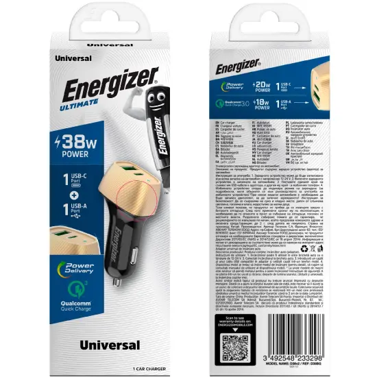 Car Charger Energizer D38BG PD, QC, USB-C/USB-A 38W/3A Black - Gold