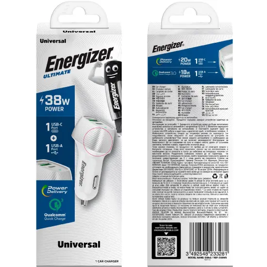 Car Charger Energizer D38WS PD, QC, USB-C/USB-A 38W/3A Silver