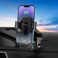 Car Mount Hoco HW3 Wise with Wireless Charger up to 15W USB-C and Extension Arm Black 4.5"-7"