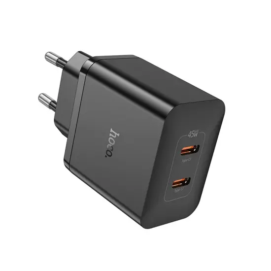 Travel Charger Hoco N35 Streamer Dual Port Charging 2xUSB-C Total PD45W GaN Tech Black