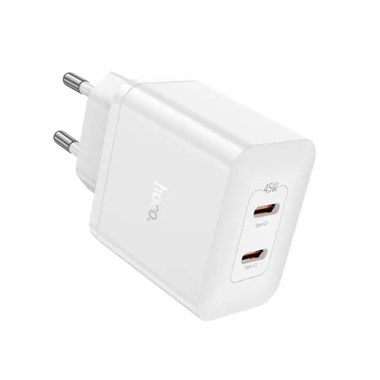 Travel Charger Hoco N35 Streamer Dual Port Charging 2xUSB-C Total PD45W GaN Tech White