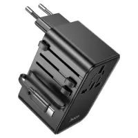 Hoco AC18 Universal Converter Travel Charger US EU AU UK with 2xUSB 1xUSB-C and Built-in USB-C Cable PD35W QC3.0 Black