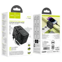 Hoco AC18 Universal Converter Travel Charger US EU AU UK with 2xUSB 1xUSB-C and Built-in USB-C Cable PD35W QC3.0 Black