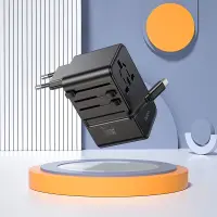 Hoco AC18 Universal Converter Travel Charger US EU AU UK with 2xUSB 1xUSB-C and Built-in USB-C Cable PD35W QC3.0 Black