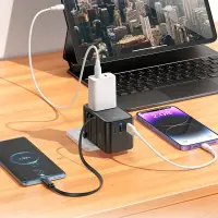 Hoco AC18 Universal Converter Travel Charger US EU AU UK with 2xUSB 1xUSB-C and Built-in USB-C Cable PD35W QC3.0 Black