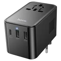Hoco AC18 Universal Converter Travel Charger US EU AU UK with 2xUSB 1xUSB-C and Built-in USB-C Cable PD35W QC3.0 Black