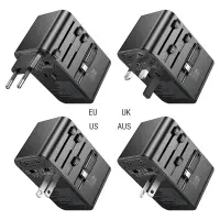 Hoco AC18 Universal Converter Travel Charger US EU AU UK with 2xUSB 1xUSB-C and Built-in USB-C Cable PD35W QC3.0 Black
