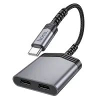 Adapter Hoco LS40 USB-C to 2xUSB-C for Mic, Audio and Power Supply Metal Grey