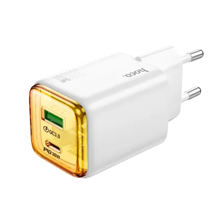 Hoco N53 Monsoon Small Size Charger with 1xUSB QC3.0 and 1xUSB-C PD30W GaN Tech Charging Outputs White