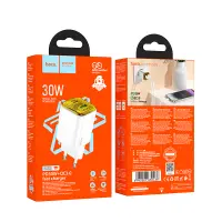 Hoco N53 Monsoon Small Size Charger with 1xUSB QC3.0 and 1xUSB-C PD30W GaN Tech Charging Outputs White