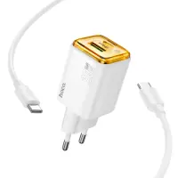 Hoco N52 Monsoon Small Size Charger PD20W QC3.0A GaN with USB and USB-C Ports White + Type C to Type C Conection Cable 1m