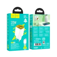 Hoco N52 Monsoon Small Size Charger PD20W QC3.0A GaN with USB and USB-C Ports White + Type C to Type C Conection Cable 1m