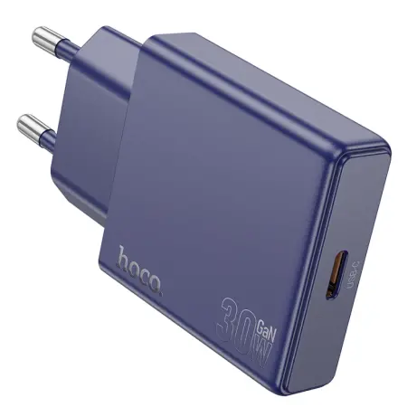 Travel Charger Hoco N44 Biscuit Ultra Thin USB-C PD30W QC3.0A Fast Charge GaN Tech Titanium Blue