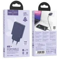 Travel Charger Hoco N44 Biscuit Ultra Thin USB-C PD30W QC3.0A Fast Charge GaN Tech Titanium Blue