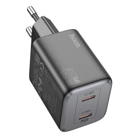 Hoco N42 Elogiado Small Body Charger GaN with 2xUSB-C PD45W Fast Charging Outputs Black