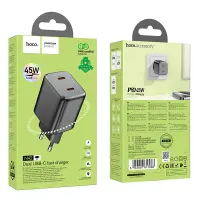 Hoco N42 Elogiado Small Body Charger GaN with 2xUSB-C PD45W Fast Charging Outputs Black