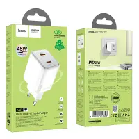 Hoco N42 Elogiado Small Body Charger with 2xUSB-C PD45W Charging Outputs White