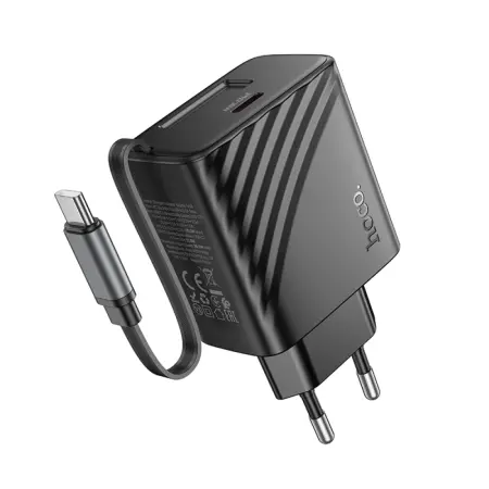 Hoco N58 Travel Charger PD30W GaN with 1xUSB-C port and 1xUSB-C Retractable Cable 65cm Black
