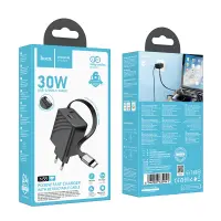 Hoco N58 Travel Charger PD30W GaN with 1xUSB-C port and 1xUSB-C Retractable Cable 65cm Black
