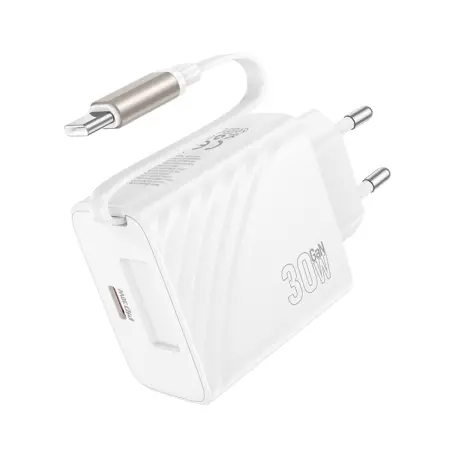 Hoco N58 Travel Charger PD30W GaN with 1xUSB-C port and USB-C Retractable Cable 65cm White