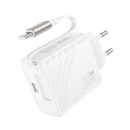 Hoco N57 Travel Charger GaN Tech PD20W with 1xUSB-C port and 1xUSB-C Retractable Cable 65cm White