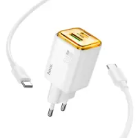 Hoco N53 Monsoon Small Body Charger GaN with 1xUSB-C PD30W and 1xUSB-A QC3.0A + Charging Cable USB-C to USB-C 1m White