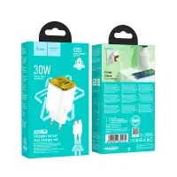 Hoco N53 Monsoon Small Body Charger GaN with 1xUSB-C PD30W and 1xUSB-A QC3.0A + Charging Cable USB-C to USB-C 1m White