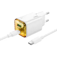 Hoco N53 Monsoon Small Body Charger GaN with 1xUSB-C PD30W and 1xUSB-A QC3.0A + Charging Cable USB-C to USB-C 1m White