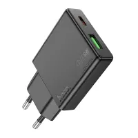 Travel Charger Hoco N38 Delgado Ultra Thin Dual Port Charging USB-C PD20W and USB-A QC3.0A Black