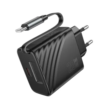 Hoco N57 Travel Charger PD20W with 1xUSB-C port GaN Tech and 1xUSB-C Retractable Cable 65cm Black
