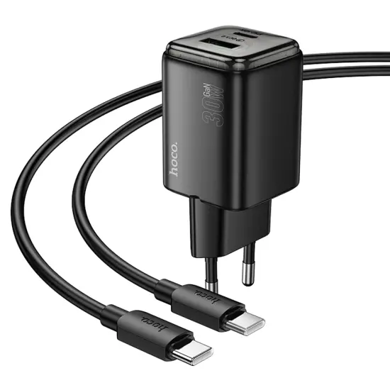 Hoco N53 Monsoon Small Size Charger PD30W QC3.0A GaN with 1xUSB-C and 1xUSB-A + Charging Cable USB-C to USB-C 1m Black