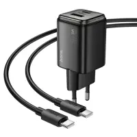 Hoco N53 Monsoon Small Size Charger PD30W QC3.0A GaN with 1xUSB-C and 1xUSB-A + Charging Cable USB-C to USB-C 1m Black