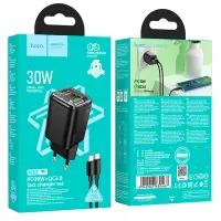 Hoco N53 Monsoon Small Size Charger PD30W QC3.0A GaN with 1xUSB-C and 1xUSB-A + Charging Cable USB-C to USB-C 1m Black