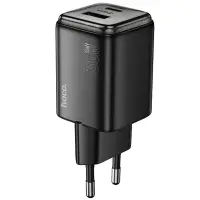 Hoco N53 Monsoon Small Size Charger PD30W QC3.0A GaN with 1xUSB-C and 1xUSB-A + Charging Cable USB-C to USB-C 1m Black