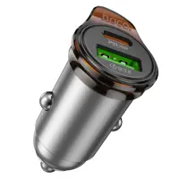 Car Charger Hoco NZ16A Rigorous Mini Size 43W USB-C PD25W + USB-A 18W QC3.0A Metal Grey