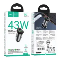 Car Charger Hoco NZ16A Rigorous Mini Size 43W USB-C PD25W + USB-A 18W QC3.0A Metal Grey