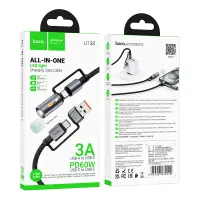Data Cable Hoco U138 USB-C/USB-A  to USB-C/LED Light 3A PD60W Braided Black 1.2m
