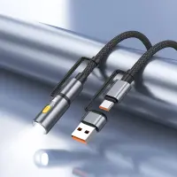 Data Cable Hoco U138 USB-C/USB-A  to USB-C/LED Light 3A PD60W Braided Black 1.2m