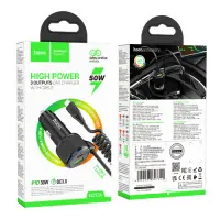 Car Charger Hoco NZ17A Avant-garde Triple Ports 1xUSB-A and 2xUSB-C 50W PD+QC with Type-C Cable Black