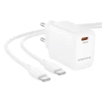 Travel Charger Borofone BN26 Fuente Mini Size GaN USB-C PD20W  + Charging Cable USB-C to USB-C White