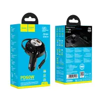 Car Charger Hoco NZ15 Unimpeded PD60W with 1x USB-C and 1x USB-A with Retractable USB-C Cable 75cm Black